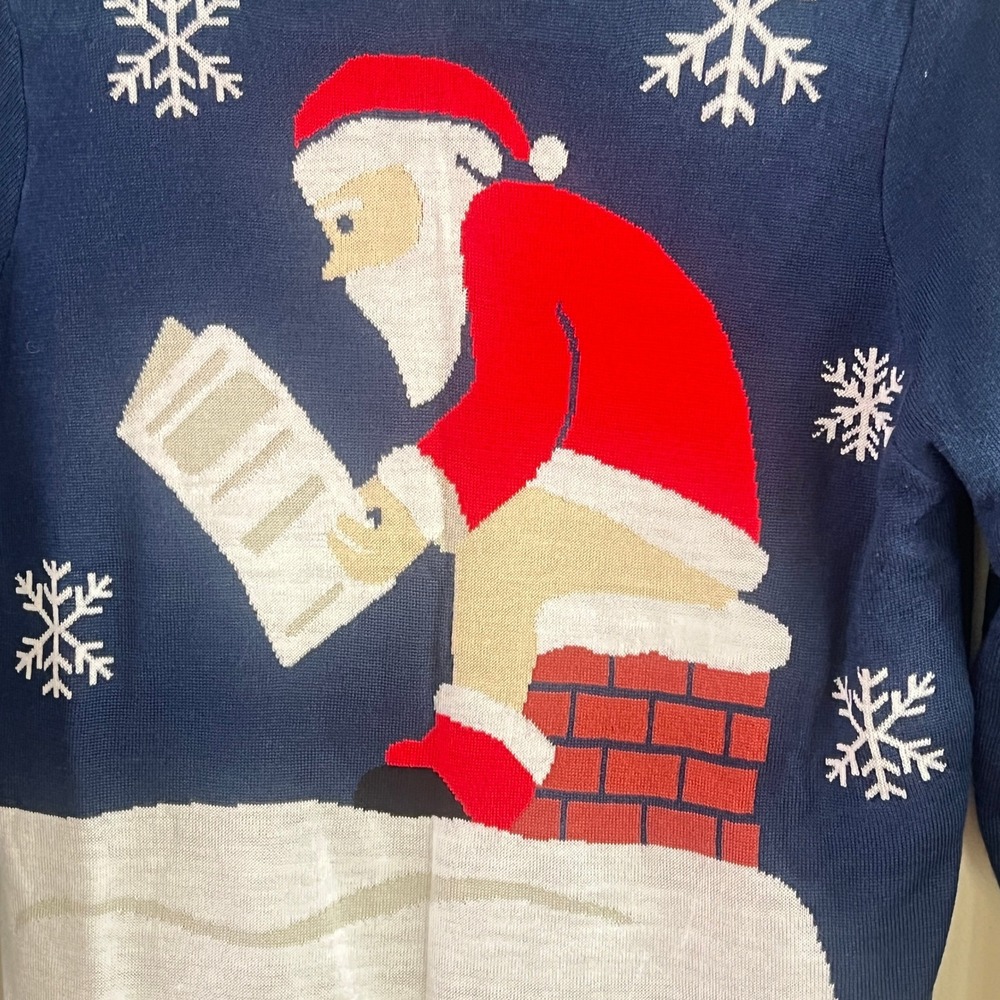 Tipsy Elves Ugly Christmas Sweater Unisex Santa Chimney Navy Blue Funny Holiday